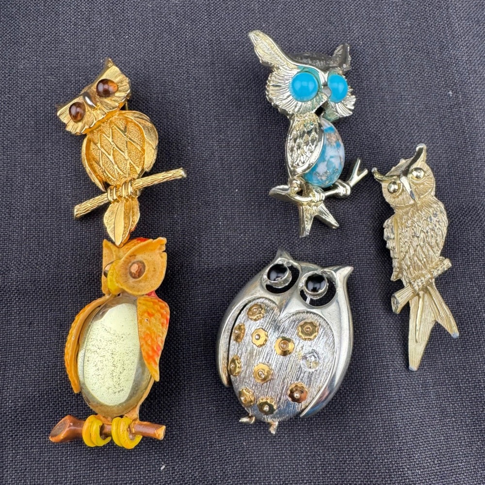 Vintage Owl Brooch Lot 5 piece Jelly Belly Retro